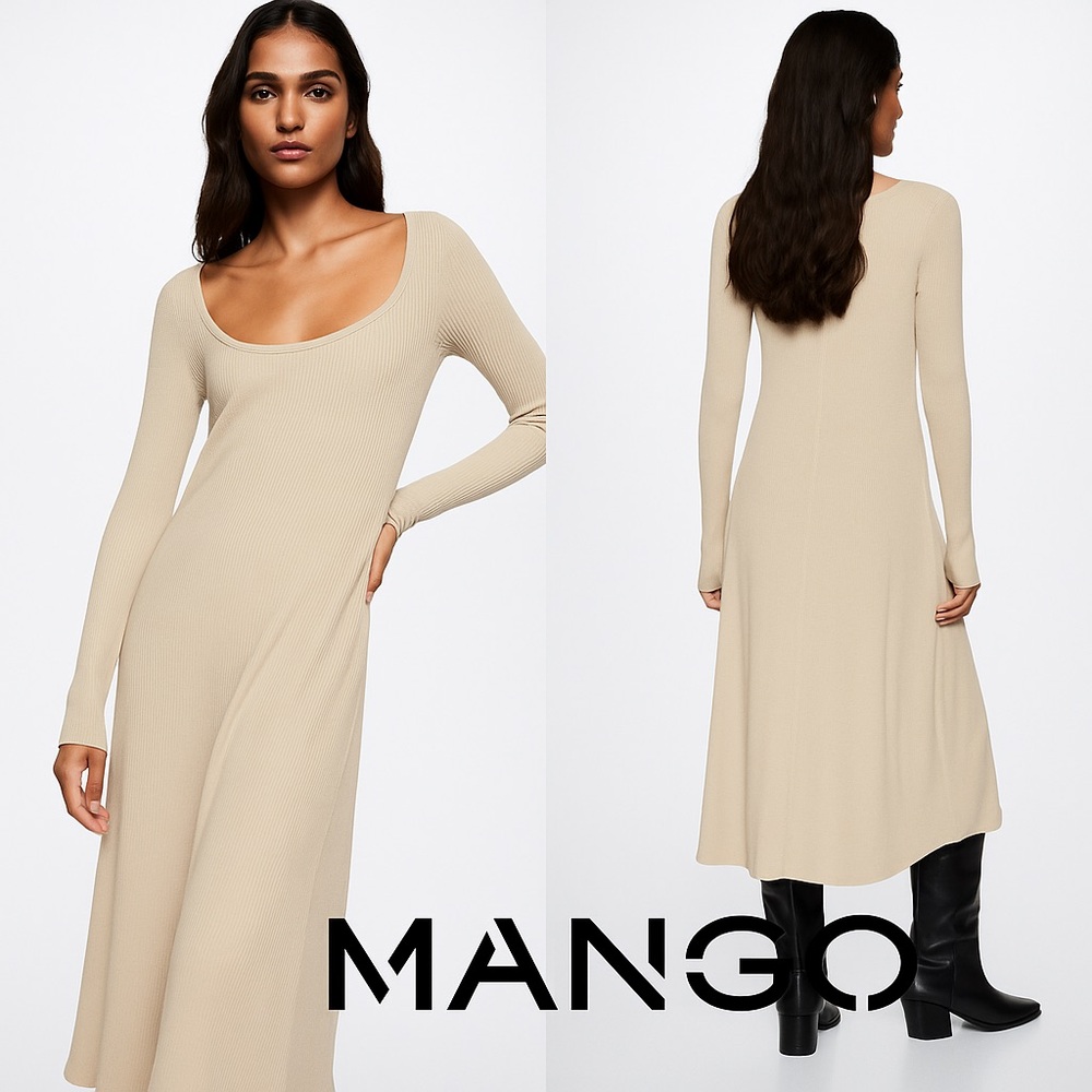 Mango Scoop Neck Ribbed Midi Dress Neutral Beige  Minimalistic NWT M #142